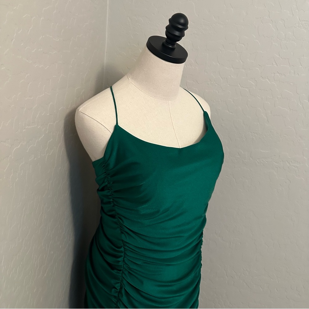 NEW JOVANI SZ 12 EMERALD GREEN SATIN CORSET LACE UP FORMAL EVENING GOWN - Picture 5 of 16